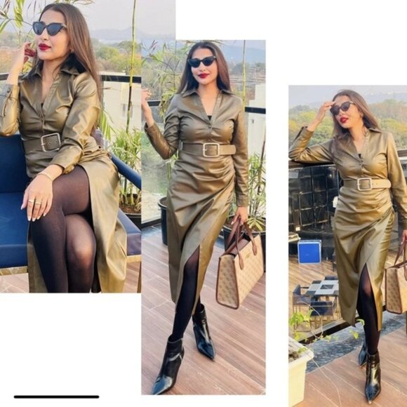 Zara khaki faux leather V-neck belted midi dress lapel collar long sleeve L NWOT - Picture 6 of 16